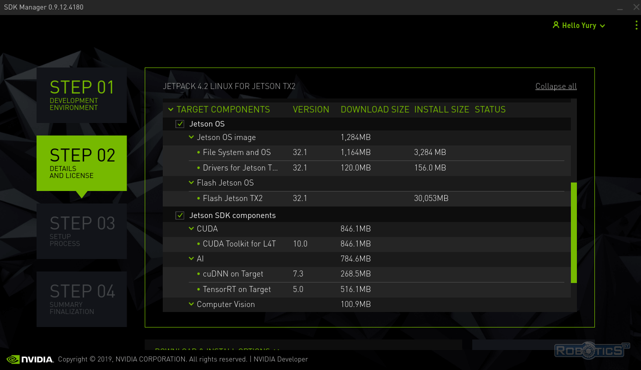 Список компонентов, устанавливаемых на программно-аппаратную платформу NVIDIA Jetson TX2