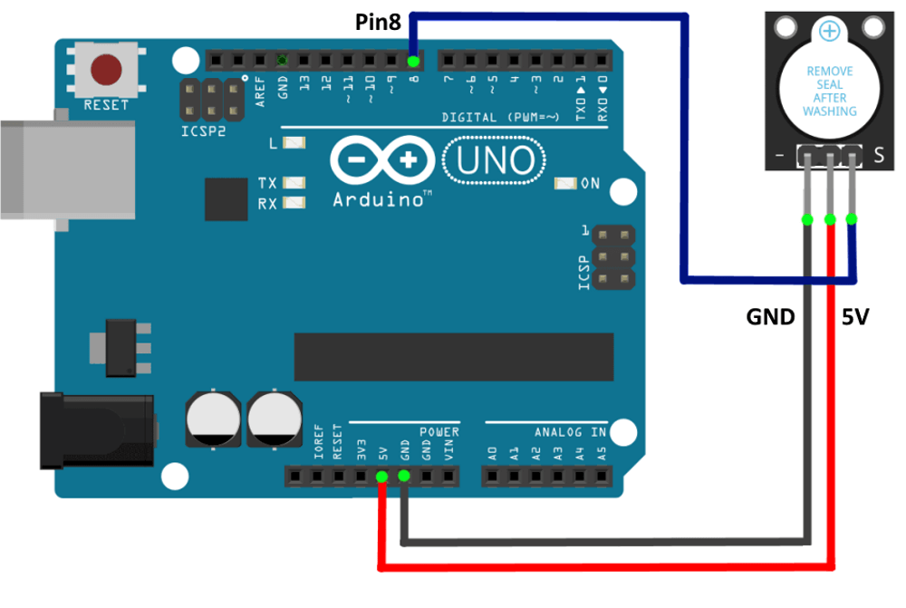 Подключение модуля зуммера к Arduino UNO.