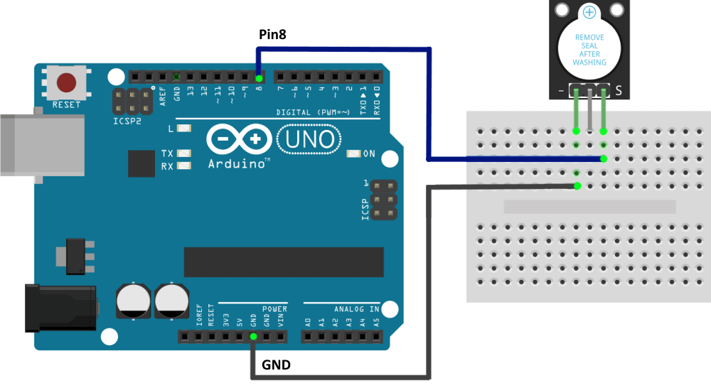 Простейшая схема подключение модуля зуммера к Arduino UNO.