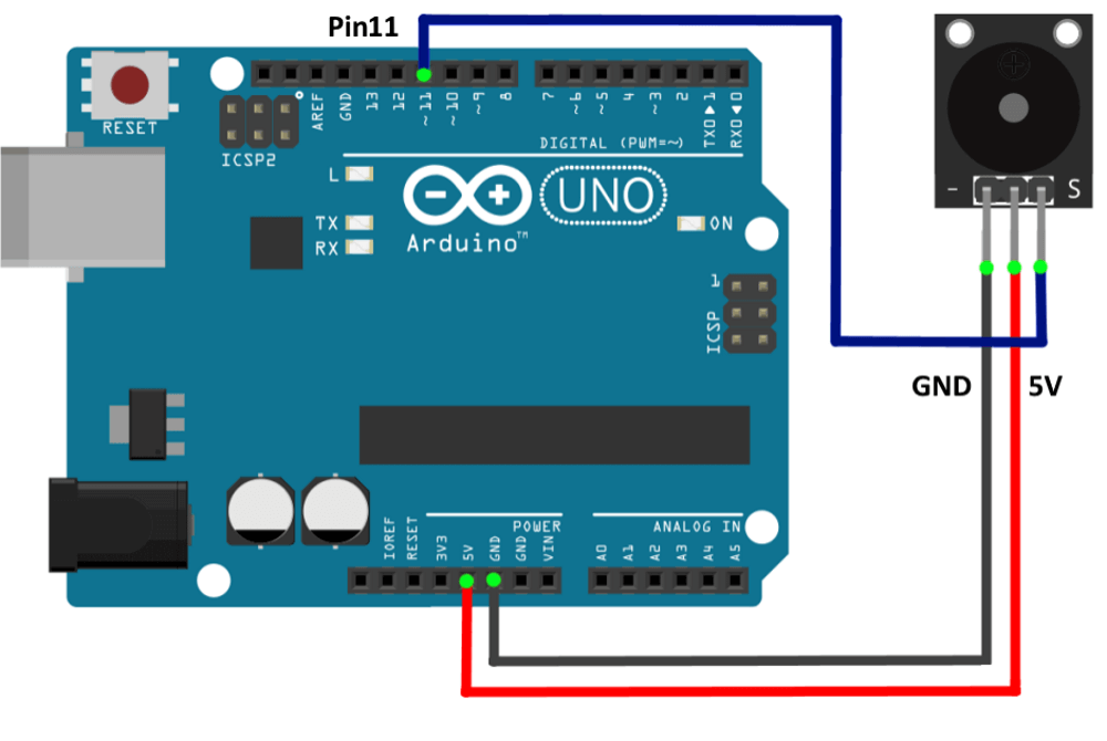 Подключение модуля пассивного зуммера к Arduino UNO.