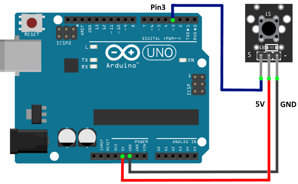 Подключение модуля с кнопкой к Arduino UNO.